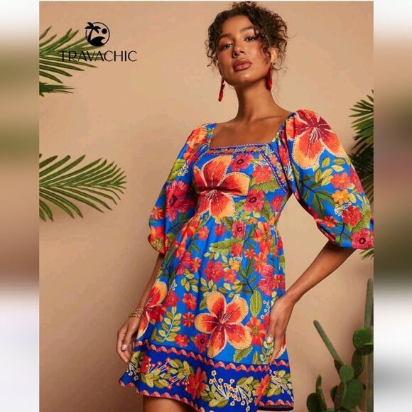 Floral Blue Dress with Red and Orange Accents - Picture 5 of 10